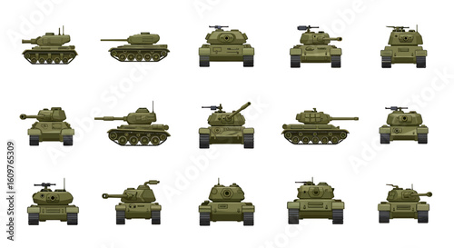 Vector Icons Set of Cartoon military tank collection with various models Green armored vehicles with cannons and machine guns shown from front and side profiles. Vector Illustrations. EPS Editable