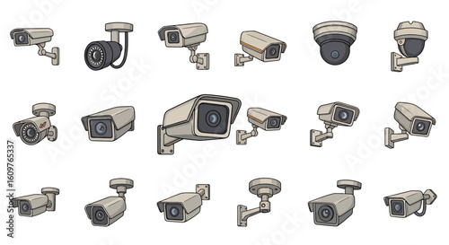 Vector Icons Set of Cartoon vector illustration set of various CCTV security cameras Collection of surveillance equipment including dome bullet and turret models. Vector Illustrations. EPS Editable