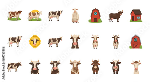Vector Icons Set of Collection of cartoon farm icons featuring spotted cows bulls and red barns in various poses and views. Vector Illustrations. EPS Editable