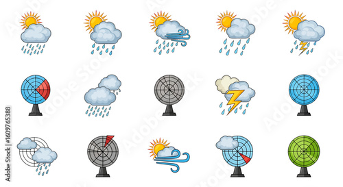 Vector Icons Set of Collection of cartoon weather icons showing sun clouds rain wind thunderstorms and meteorological radar displays. Vector Illustrations. EPS Editable