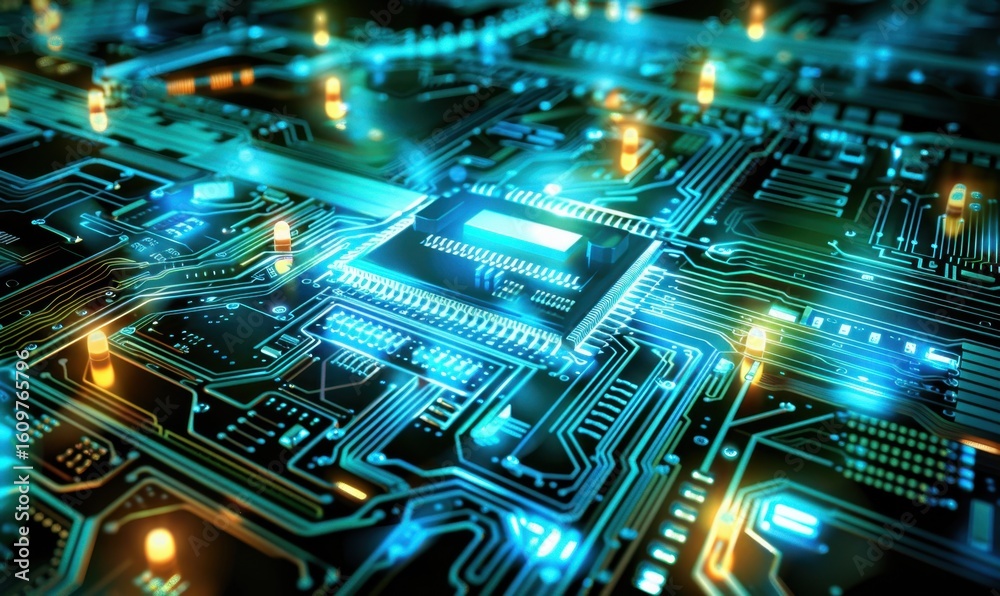 Obraz premium Abstract computer circuit board close up with glowing electronic pathways