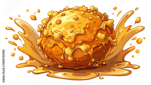 very Beautiful Fried cheese ball with crispy golden breading splashing in rich orange sauce, isolated on  showcasing delicious and appetizing snack with vibrant texture and color white background