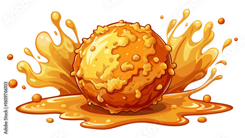 very Beautiful Fried cheese ball with crispy golden breading splashing in rich orange sauce, isolated on  showcasing delicious and appetizing snack with vibrant texture and color white background