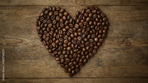 Heart Shape Made of Rich Coffee Beans on Dark Wooden Surface - Aromatic Love for Coffee Lovers