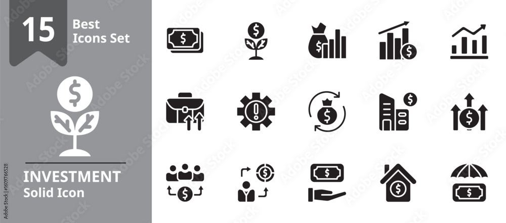 Solid icon set representing investment and financial concepts including money growth, stock charts, profit, risk, ROI, portfolio, and financial planning. Perfect for finance apps, investment platforms Solid icon set representing investment and financial concepts including money growth, stock charts, profit, risk, ROI, portfolio, and financial planning. Perfect for finance apps, investment platforms