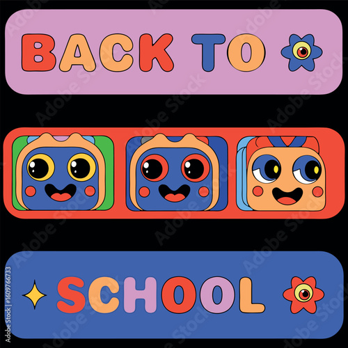 Bright cartoon design with cheerful backpacks and back to school text For kids