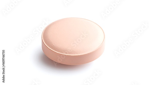 Pale beige effervescent tablet dissolving into powder in water close-up with fizzing bubbles pharmaceutical concept health supplement chemical reaction isolated on white background.