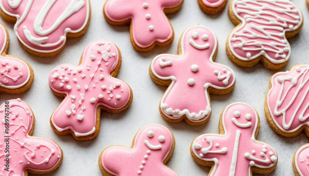 Pink gingerbread cookies on a white wooden table Pink gingerbread cookies on a white wooden table