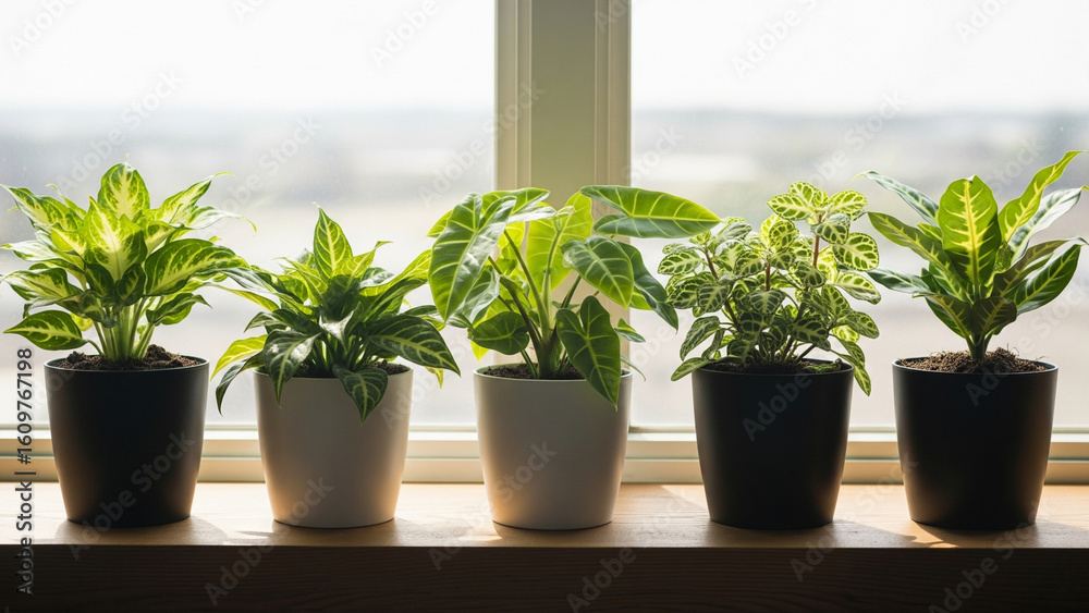Fototapeta premium Desk plants in a row on windowsill symbolizing diverse growth, individuality, and harmony in business teamwork concept