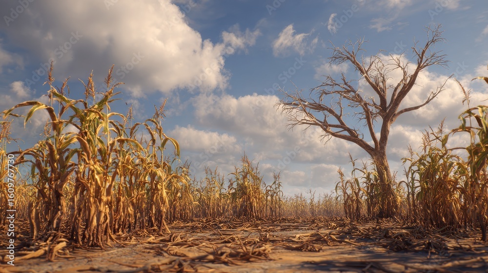 Fototapeta premium Devastated cornfield in summer after hurricane