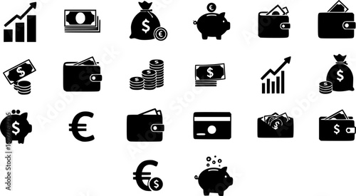 Finance icons. Business Icons, money signs. Money silhouette collection. Wallet with cards icon. Coins silhouette icon. Growth chart. Moneybag or stash. Piggy bank flat style - stock vector.