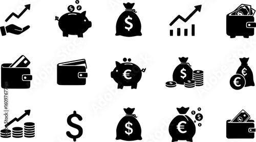 Finance icons. Business Icons, money signs. Money silhouette collection. Wallet with cards icon. Coins silhouette icon. Growth chart. Moneybag or stash. Piggy bank flat style - stock vector.
