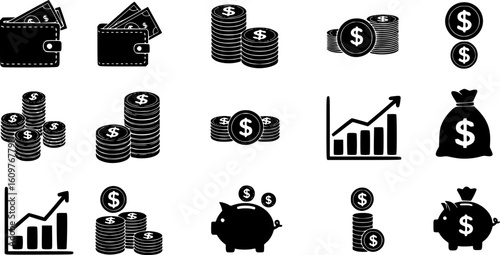 Finance icons. Business Icons, money signs. Money silhouette collection. Wallet with cards icon. Coins silhouette icon. Growth chart. Moneybag or stash. Piggy bank flat style - stock vector.
