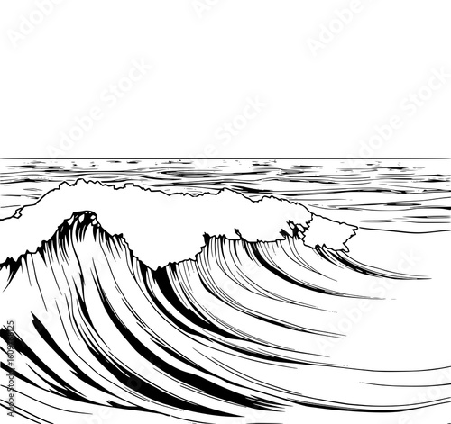 Ocean Wave Illustration: A dynamic monochrome line art drawing depicts a powerful ocean wave breaking, showcasing its textured surface and forceful energy.