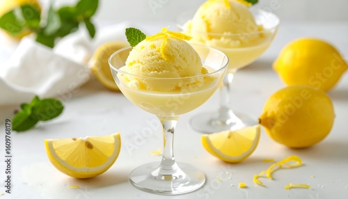 Pale yellow lemon sorbet served in a coupe glass with fresh citrus zest garnish on top, close-up dessert presentation on white background, gourmet summer treat.