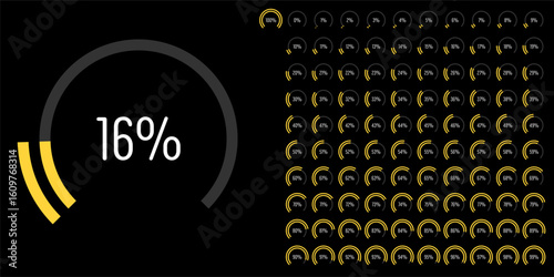Set of circular sector arc percentage diagrams meters progress bar from 0 to 100 ready-to-use for web design, user interface UI or infographic - indicator with yellow
