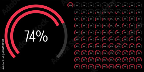 Set of circular sector arc percentage diagrams meters progress bar from 0 to 100 ready-to-use for web design, user interface UI or infographic - indicator with red