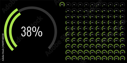 Set of circular sector arc percentage diagrams meters progress bar from 0 to 100 ready-to-use for web design, user interface UI or infographic - indicator with green
