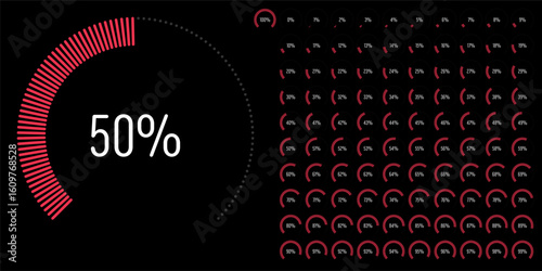 Set of circular sector arc percentage diagrams meters progress bar from 0 to 100 ready-to-use for web design, user interface UI or infographic - indicator with red