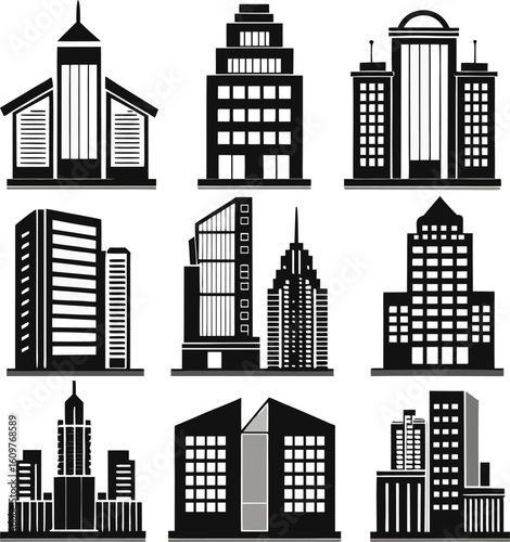 Collection of nine black and white building silhouettes with varying architectural styles architecture