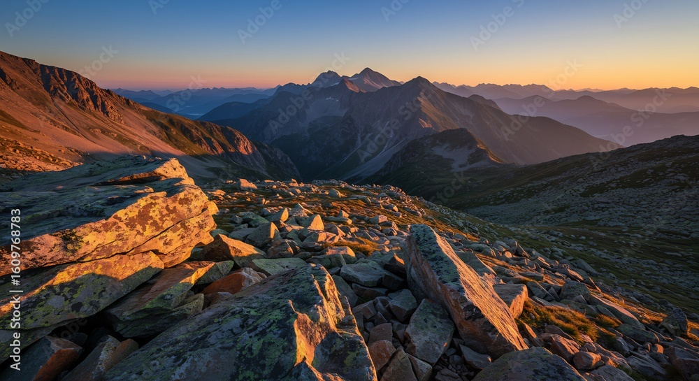 Obraz premium Majestic Mountain Range at Sunrise with Golden Light