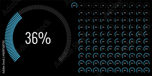 Set of circular sector arc percentage diagrams meters progress bar from 0 to 100 ready-to-use for web design, user interface UI or infographic - indicator with blue