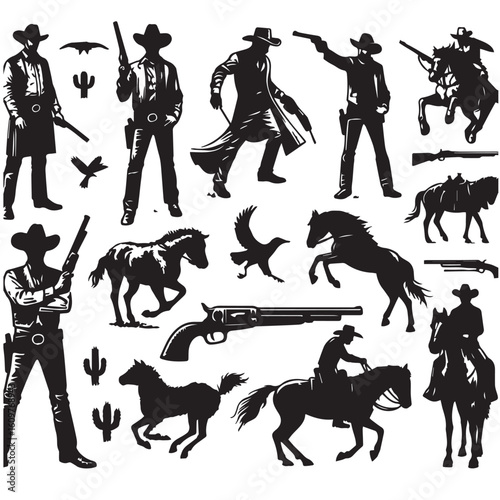 
Silhouette of a Cowboy on Horseback at Sunset

Western Cowboy Silhouette Against Dramatic Sky

Cowboy Riding Horse – Vintage Wild West Silhouette

Lone Cowboy Silhouette with Hat and Lasso

