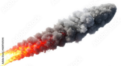 Fiery rocket exhaust trail with smoke against black background