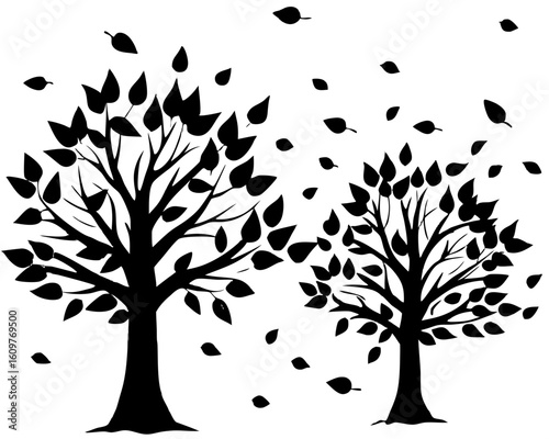 Silhouette of Two Trees with Falling Leaves: Autumnal, Minimalist Design, Black and White