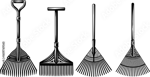 Black and white vector illustration of a garden rake with wooden handle and metal tines in tribal style and symmetrical front view