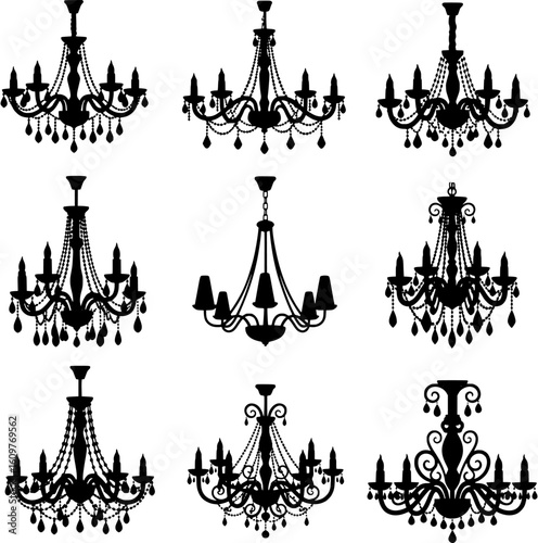 Set of Black Chandeliers and Hanging Lamp Icons