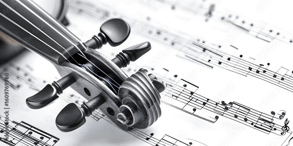 Naklejka premium Black violin scroll resting on sheet music with classical notes in close-up view
