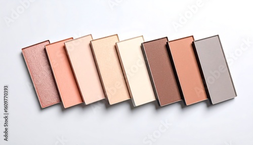 Eyeshadow powder swatches on white background showing vibrant makeup colors close-up, cosmetic beauty product display with smooth texture for professional and creative makeup inspiration.