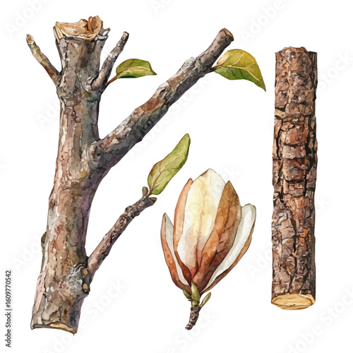 A hand-drawn illustration painting of a magnolia bark set in soft watercolor style, featuring delicate brush strokes, isolated on a white background, artistic, painted design, EPS format, plant set