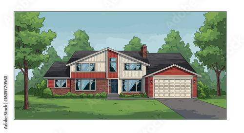 Charming suburban house with red brick and siding amidst greenery