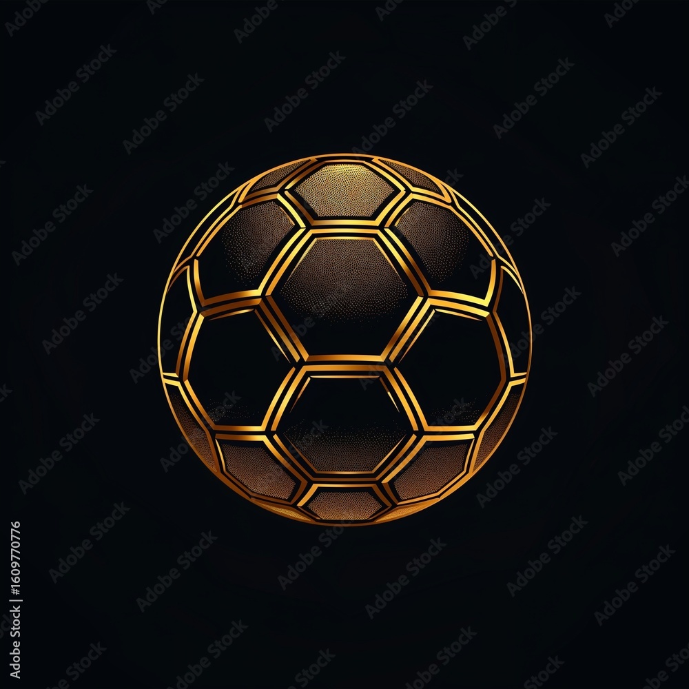 Obraz premium Golden soccer ball with hexagonal patterns glowing against a dark background, highlighting the design and texture in a sleek and modern style 