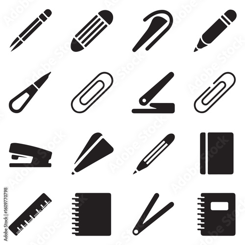 Essential office supply icons flat black style