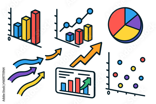 Colorful data visualization with bar, line, and pie charts illustrating statistical trends