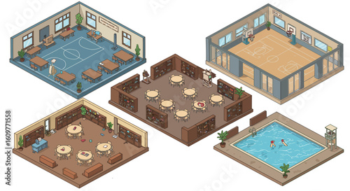 Isometric school facilities: classrooms, gym, library, and pool in modern style