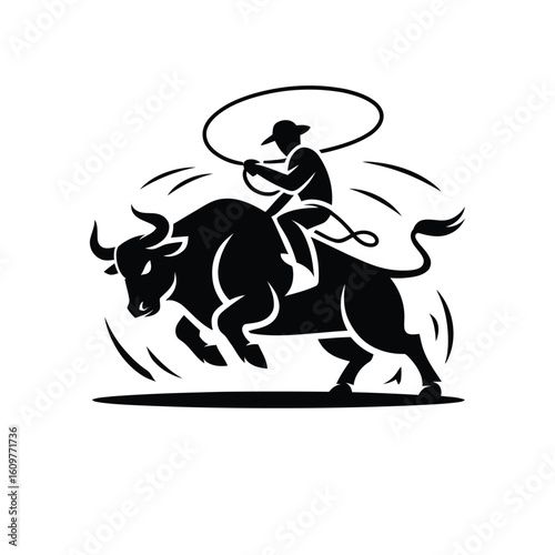 A bold monochrome emblem of a rodeo cowboy taming a powerful bucking bull, symbolizing data wrangling with 'Content-Type application/json'.