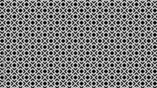 Regular arrangement of black diamond-shaped and cross-shaped polygons, separated by thick white lines, creates a rhythmic and symmetrical geometric contrast effect.