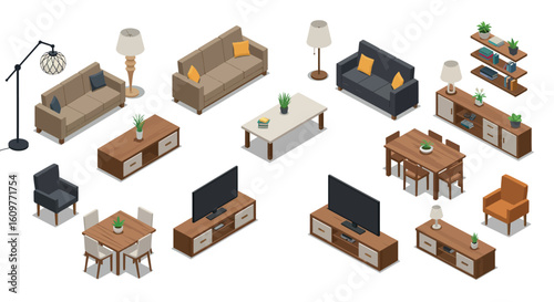 Isometric living room furniture set: modern sofas, tables, shelves, and lamps
