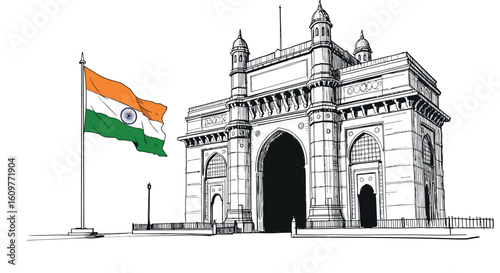 Gateway of india with national flag in linear style: iconic mumbai landmark sketch
