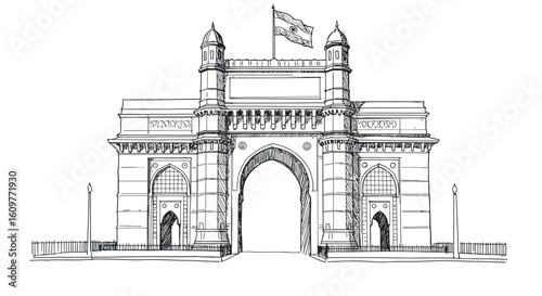 Hand-drawn gateway of india with flag in black and white line art style