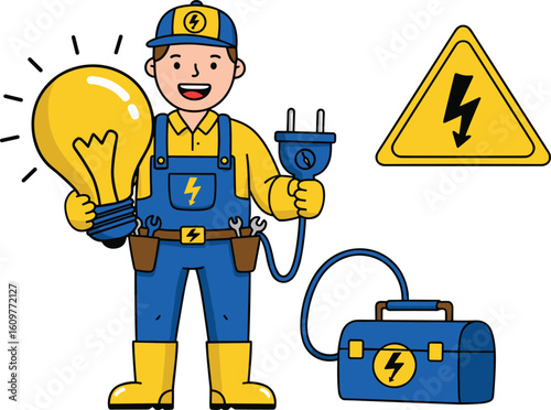 Happy electrician holding light bulb and electrical plug, toolbox nearby, electric repair service, home renovation, power and energy, skilled tradesman illustration.