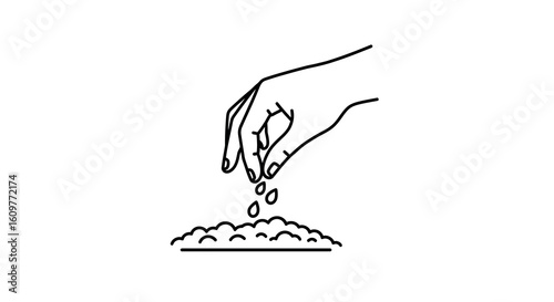 Hand drawing showing planting seeds in soil: minimalist gardening concept