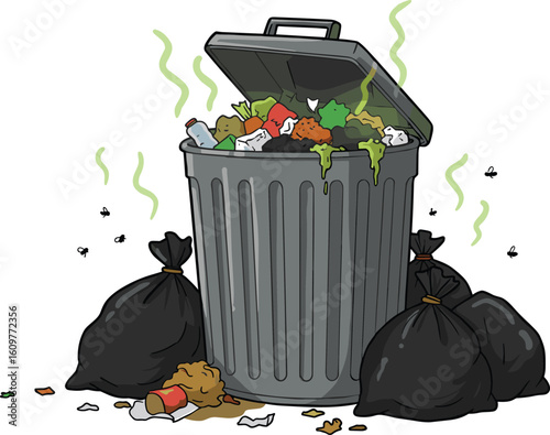 Overfilled stinky garbage can with flies and overflowing trash bags, unpleasant odor, waste management problem, environmental pollution, disgusting scene, public health concern.
