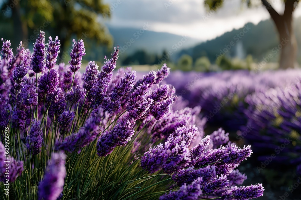 Obraz premium Beautiful lavender field under cloudy sky in the countryside with rolling hills in the background