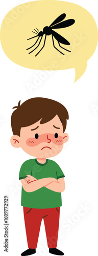 Upset young boy worried about mosquito bites, thinking of insect pest, dengue or malaria prevention, health concern, summer nuisance, childhood illness, vector-borne disease.