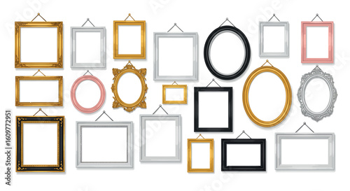 Variety of blank picture frames in different shapes and styles